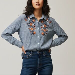 SONOMA Women Striped Embroidered Floral Button Down Shirt L Blue/White Cottage
